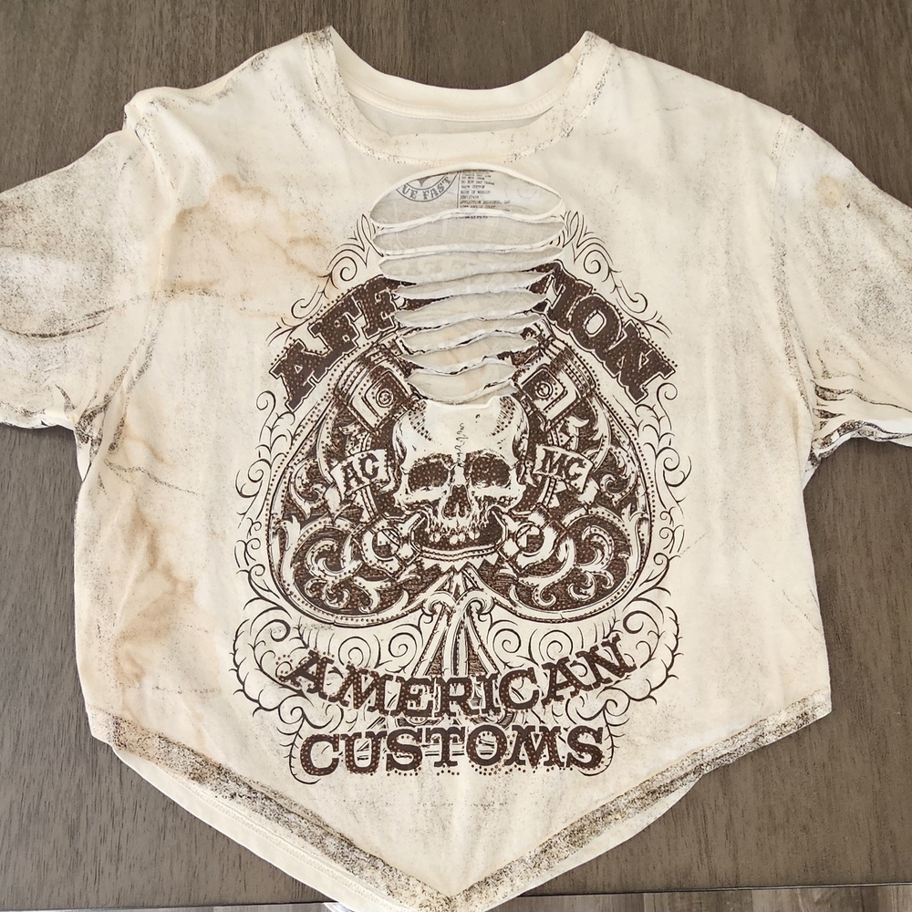 Affliction Cream and Brown Skull Graphic Tee